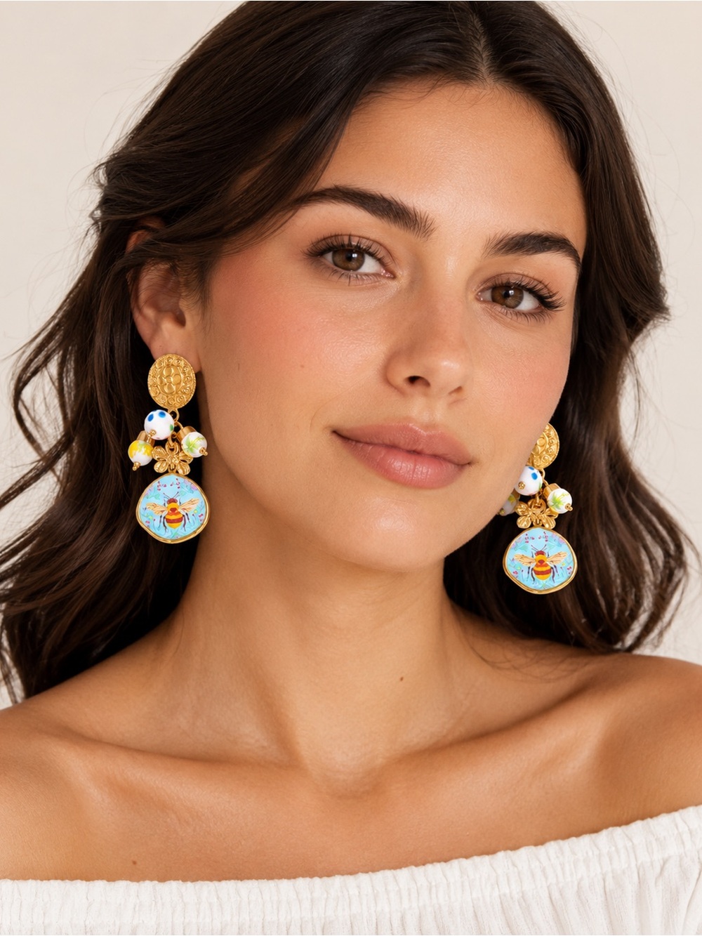 Whimsical Bee Blue Floral Charm Earrings - Picture 6 of 13